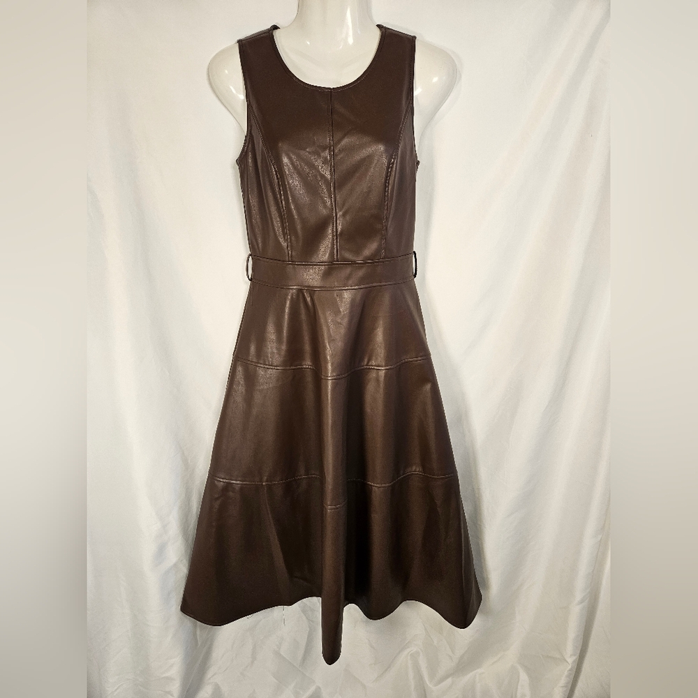 Chartou Faux Leather Midi Dress XS Sleeveless A-Line Brown